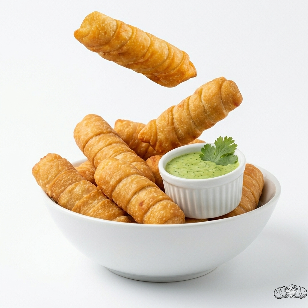 Tequeños venezolanos fritos y crujientes rellenos de queso, servidos en un bowl blanco con salsa cremosa verde