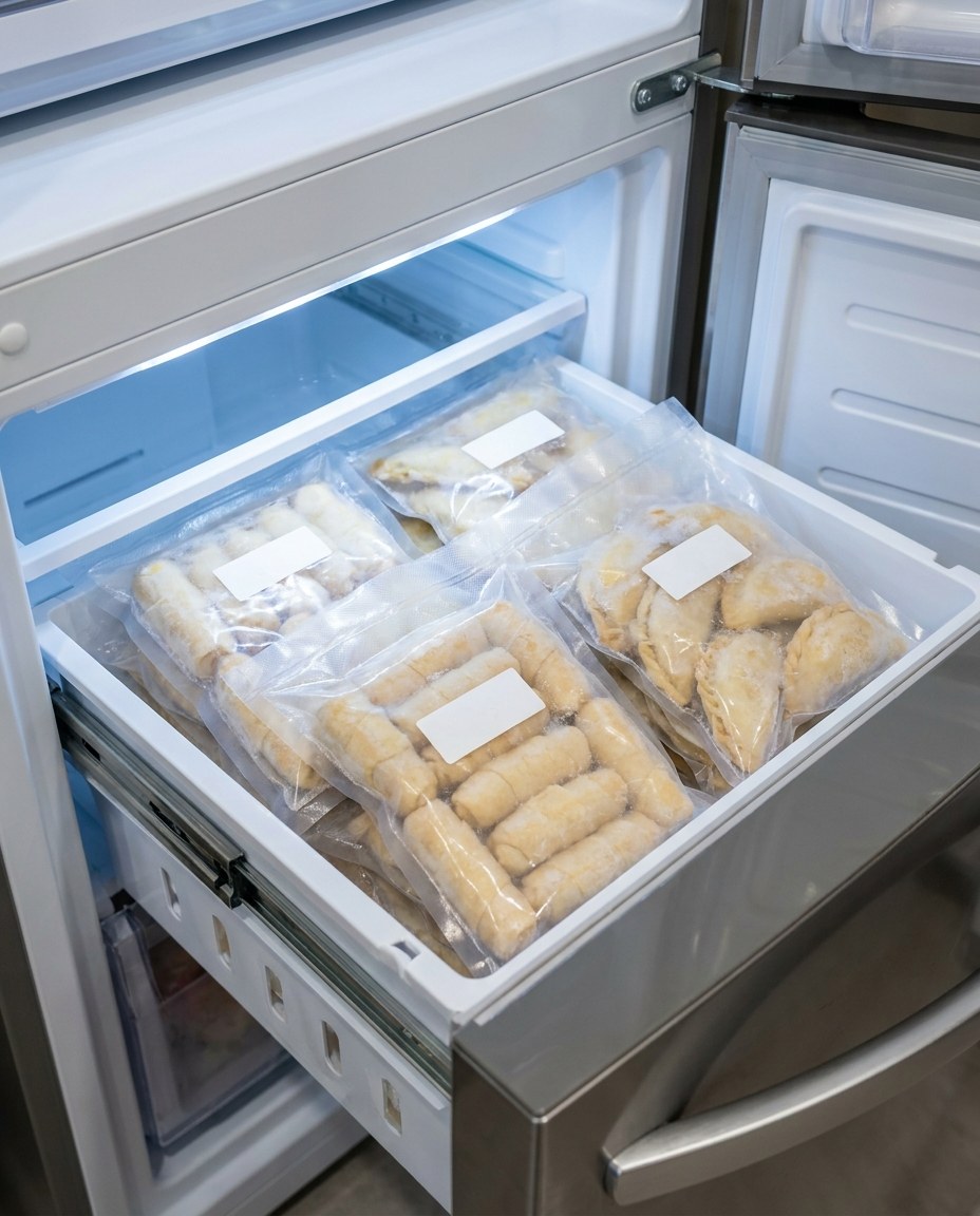 Congelador con bolsas de tequeños, empanadas y pastelitos congelados crudos - La Tequeñera