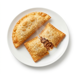Pastelitos fritos de carne mechada La Tequeñera en versión larga y cuadrada, masa crujiente rellena de carne mechada en salsa