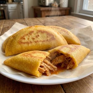 Empanada venezolana de maíz frita rellena de pollo mechado - La Tequeñera
