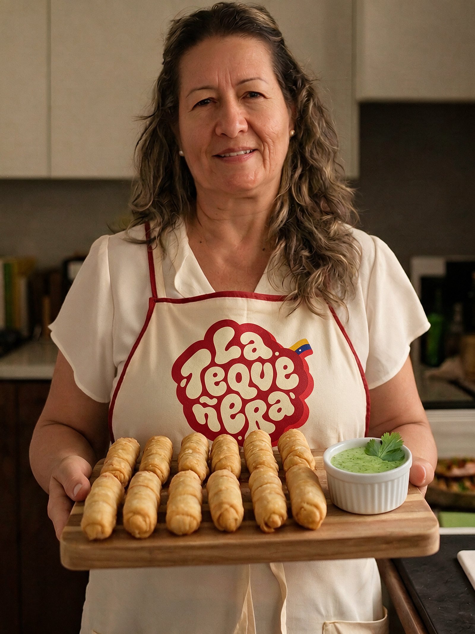 Osiris, fundadora de La Tequeñera, en su cocina con el delantal de la marca sosteniendo una tabla de tequeños venezolanos fritos
