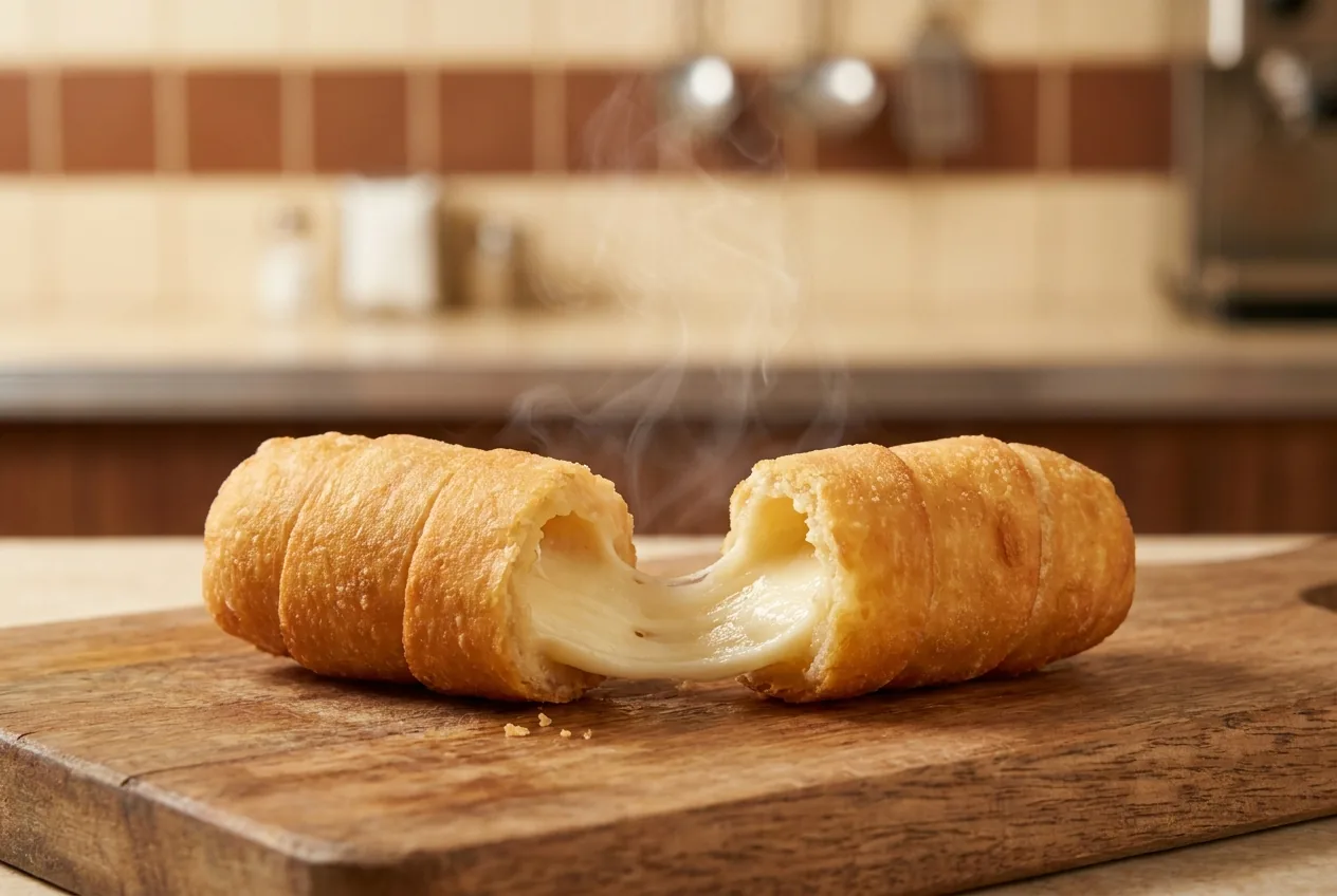 Tequeño recién frito con el queso estirándose